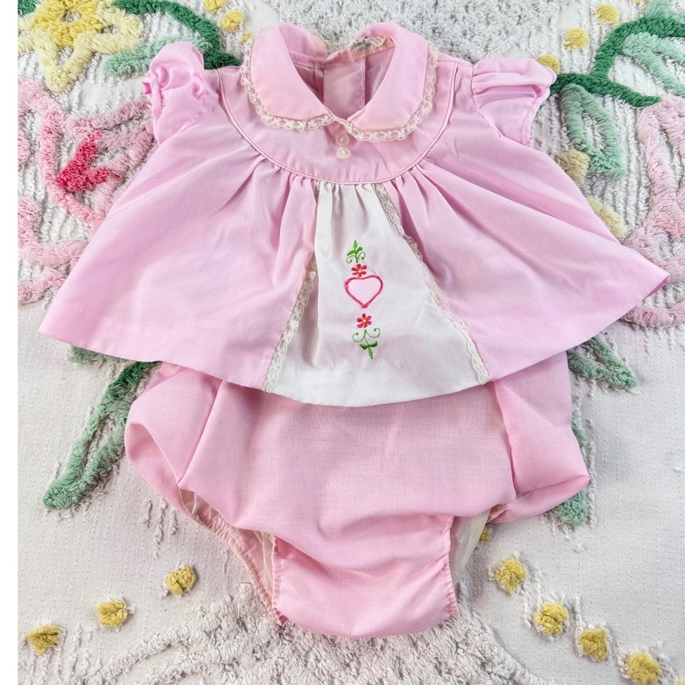 Vintage Cotton Candy Catton Bros Pink Embroidered Heart Lace 2 Piece Set 6/9 m
